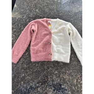 Society + Stitch Daphne Colorblock Cardigan Pink White Fuzzy Eyelash Knit M NEW